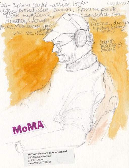 Sleeping Guy at MoMa, NY, pencil and watercolor, 7x5.5"