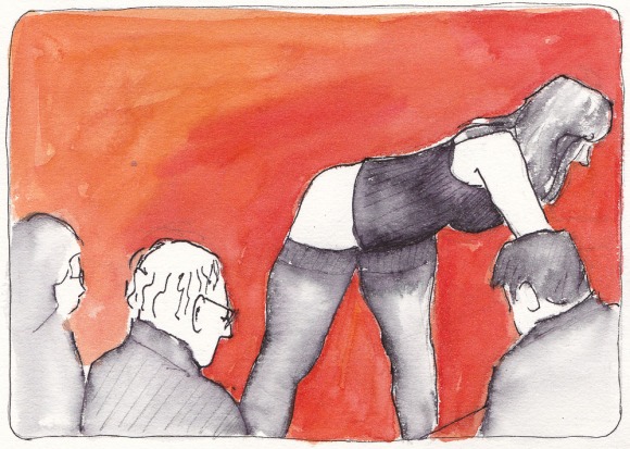 Model and Artists at Society of Illustrators, NY, ink and watercolor 5.5x7.5"