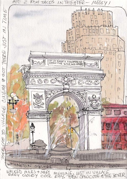 Washington Square Park Arch and Fountain, ink and watercolor, 7.5 x 5"