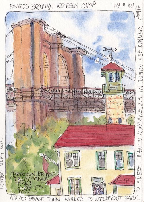 Brooklyn Bridge and Ice Cream Shop, ink and watercolor, 7.5x5.5 in
