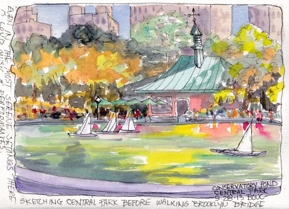 Central Park Conservatory Water, NY, ink and watercolor, 5x5"x7.5"