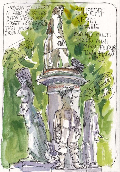 Guiseppe Verdi Statue, NY, ink and watercolor, 7.5 x 5.5 in