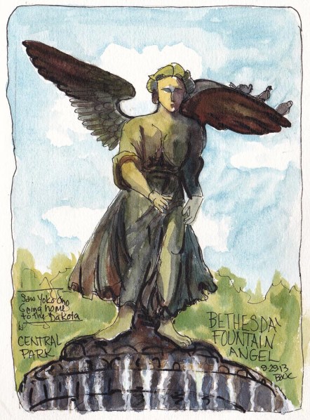 Bethesda Fountain Angel, ink and watercolor, 7.5 x5.5 in