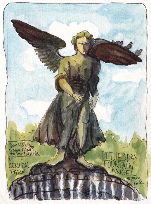 Bethesda Fountain Angel, ink and watercolor, 7.5 x5.5 in