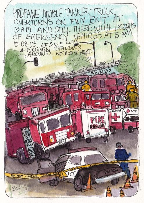 Emergency response vehicles after double tanker truck overturned. Ink and watercolor, 7x5 in