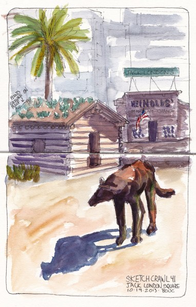 Jack London Cabin and Wolf Statue, ink and watercolor, 10x7 in