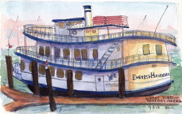 Empress Hornblower at Sunset, ink and watercolor, 5x7 in