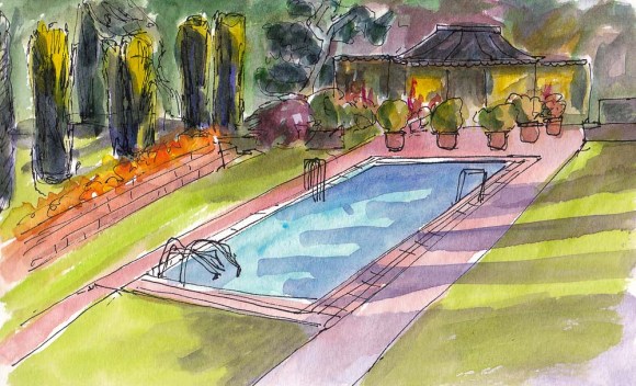 Filoli Pool, ink and watercolor, 5x7 in