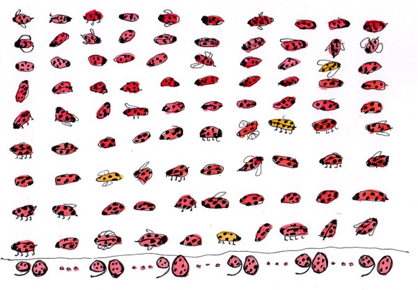 90 Ladybugs for Mom's 90th Birthday, ink and watercolor, 5x7 in