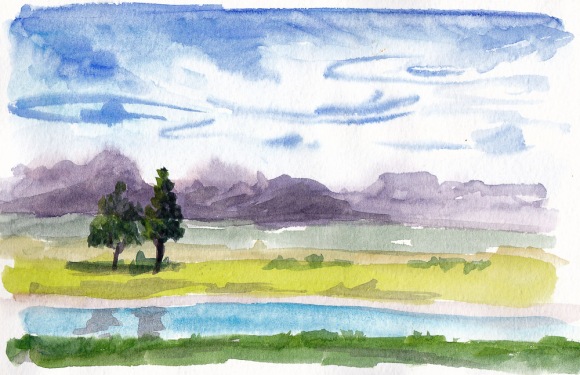 Knox Miller Park Clouds, watercolor, 5x7 in