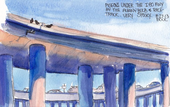 Pigeons on the Freeway, ink and watercolor, 5x7 in