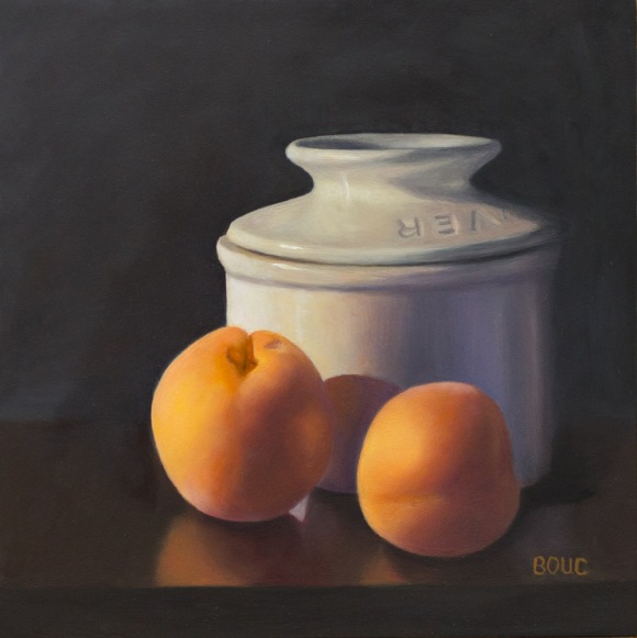 Apricots and Butter Jar, Flemish Method, oil on panel, 10x10 in