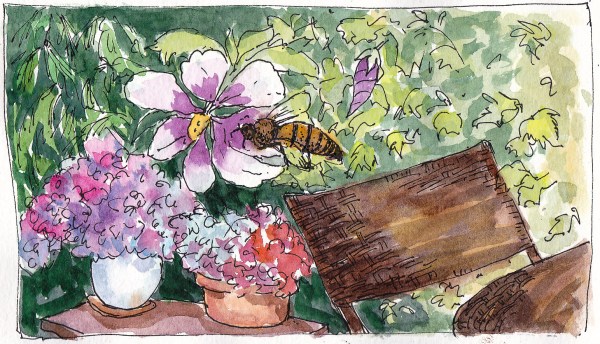 What the Wasp Wants, ink and watercolor, 5x7 in (wasp in the flower)