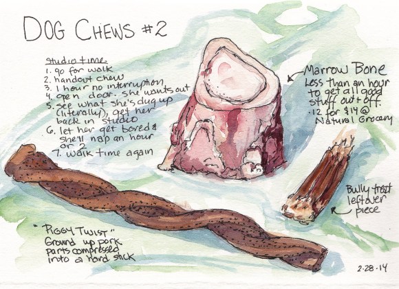 Dog Chews 2, ink and watercolor, 5x7 in