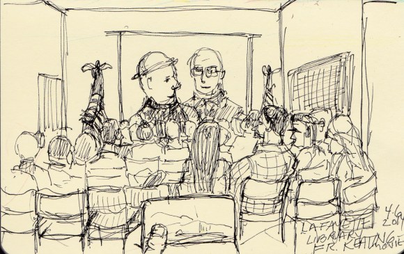 Sketch during Father Keating movie, ink in pocket Moleskine