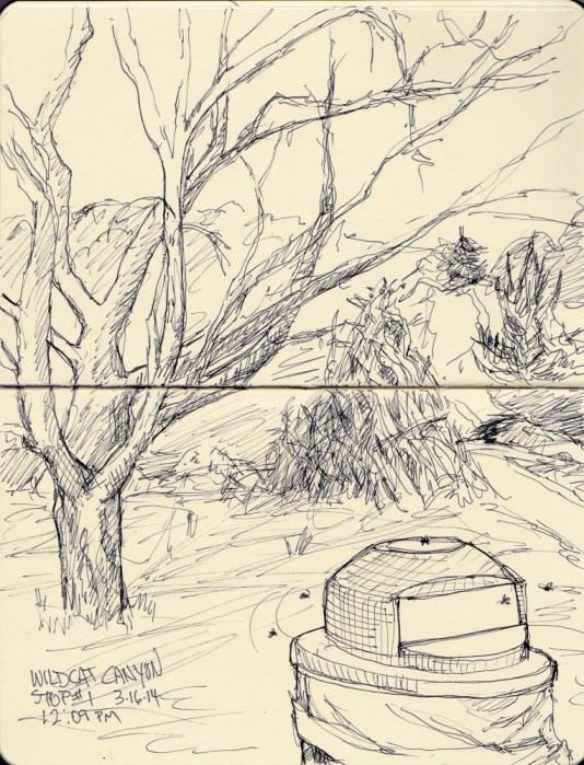 Wildcat Canyon trail trash can, ink in pocket Moleskine notebook