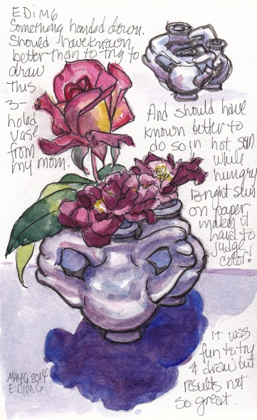 EDiM 6-Relic: 3-hole vase and roses #1, ink and watercolor 7x5 in