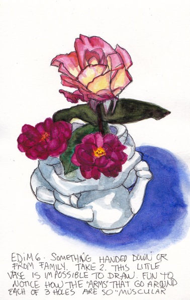 EDiM 6-Relic: 3-hole vase and roses #2, ink and watercolor 7x5 in