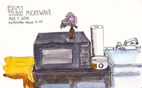 EDiM7-Microwave in the studio beside the sink, ink and watercolor 5x7 in