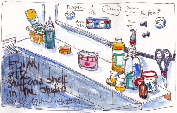 EDiM 12 Shelf and stuff on it by studio sink, ink & watercolor 5x7 in