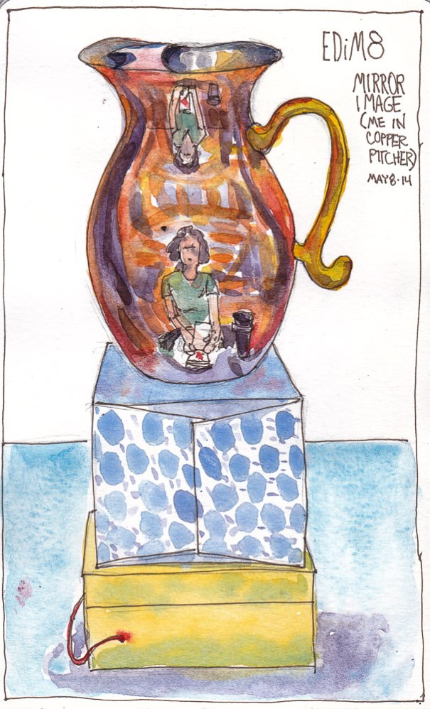 EDiM 8 Mirror Image in Copper Pitcher, ink and watercolor, 7.5x 5 inches