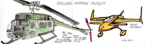 Hiller 1099 Helicopter and N45LE Plane. Ink and watercolor, 5x15.