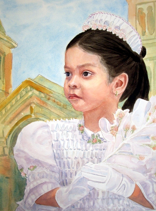 Yessie at her brother's baptism when she was just little, watercolor