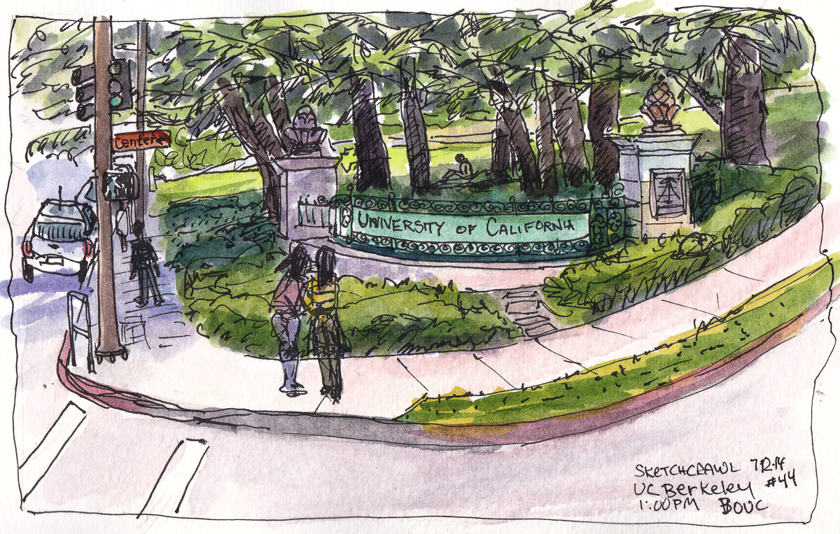 UC Berkeley Center Street Entrance, ink and watercolor, 5x8 in
