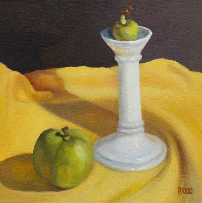 Found on the Street #1, Candlestick and Apples, oil painting on panel, 8x8" (<a href="http://www.dailypaintworks.com/fineart/jana-bouc/candlestick-and-apples-found-on-the-street-1/253915">$110 at my DPW Gallery: click here</a>) (Click image to enlarge)