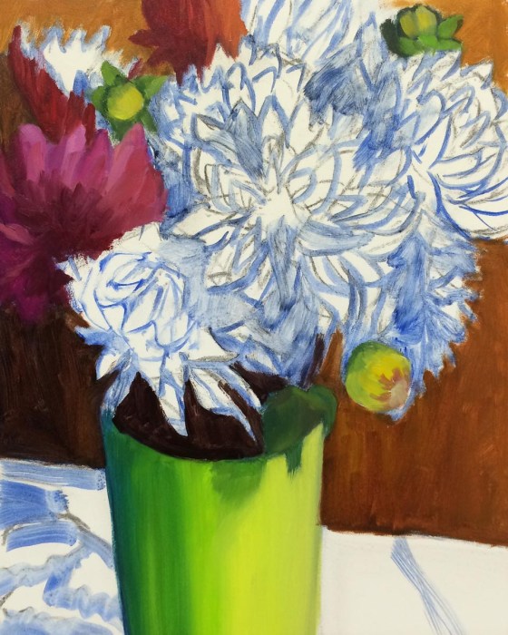Dahlias-Shower Flowers WIP2, oil on panel, 10x8 in