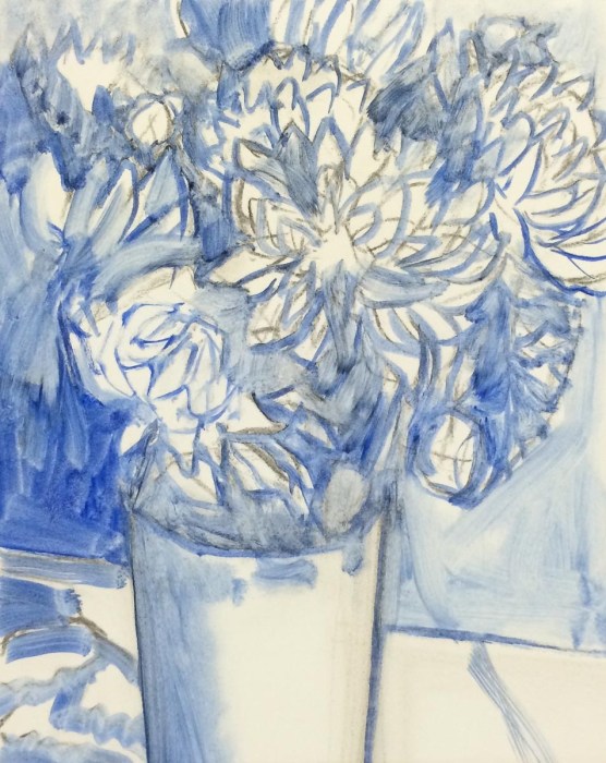 Dahlias-Shower Flowers WIP1, oil on panel, 10x8 in