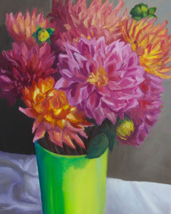 Dahlias-Shower Flowers, oil on panel, 10x8 in