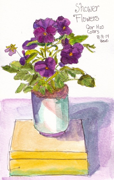 More Shower Flowers: Pansies, ink and watercolor, 8x5"