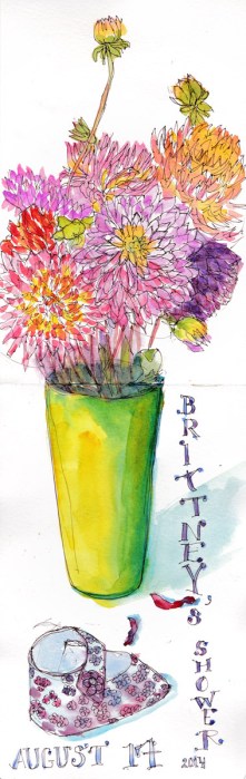 Shower Flowers Sketch: Dahlias, ink and watercolor 2-page spread in Moleskine 16x5"
