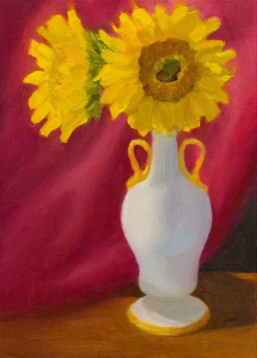 Two Survivors, oil painting of sunflowers and white vase on linen panel, 7x5 in