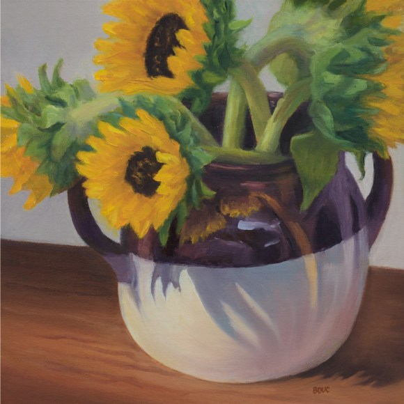 Sunflowers in Found Crock, oil on linen panel, 8x8 in