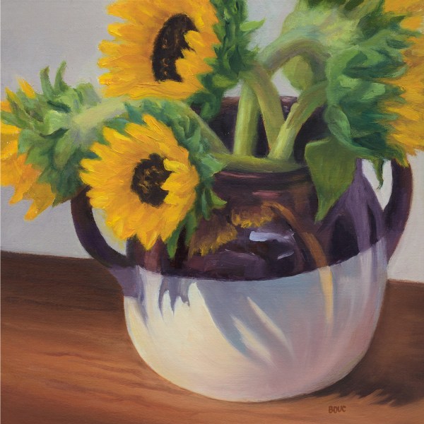 Sunflowers in Found Crock, oil on linen panel, 8x8 in