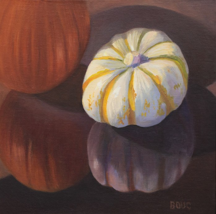 Pumpkin and Gourd on Glass, oil painting on linen panel, 10x10 in