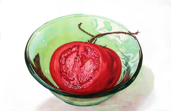 Tomato in Green Glass Bowl