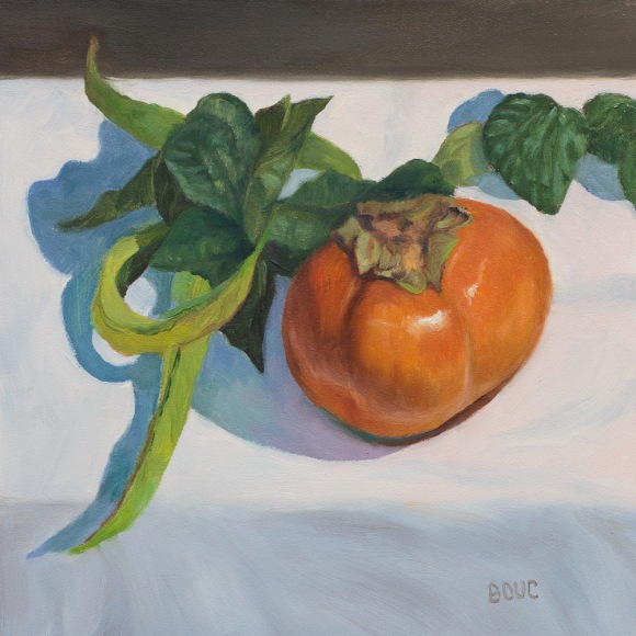 Persimmon and String Beans, oil on panel, 6x6 inches