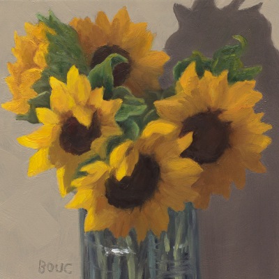 Sunflower in Spahetti Jar, oil on panel, 6x6 inches