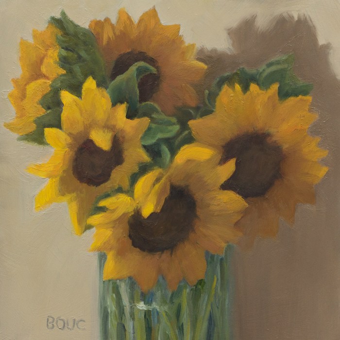 Sunflowers in Spaghetti Jar, oil on panel, 6x6 inches