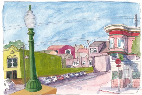 SF Bernal Heights Sketchcrawl, ink, watercolor, gouache in XL WC Moleskine