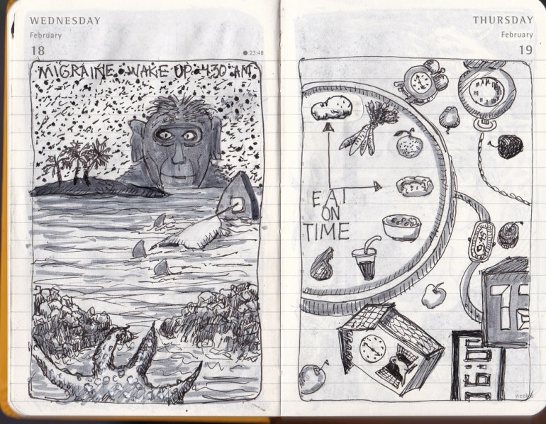 Woke with a migraine: shipwreck and monkey. Eat on Time.