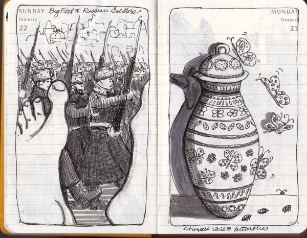 Russian soldiers marching and big feet. Chinese vase with butterflies and lady bugs.
