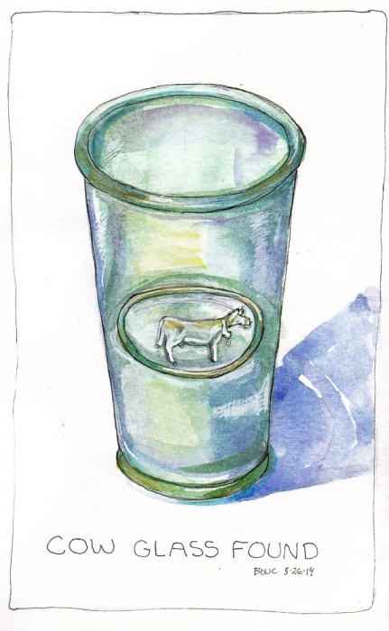 Cow Glass Found, ink and watercolor, 7x5 in