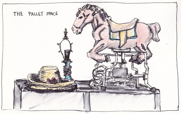 Rocking Horse and Junk at Pallet Space, ink and colored pencil, 5x8 in
