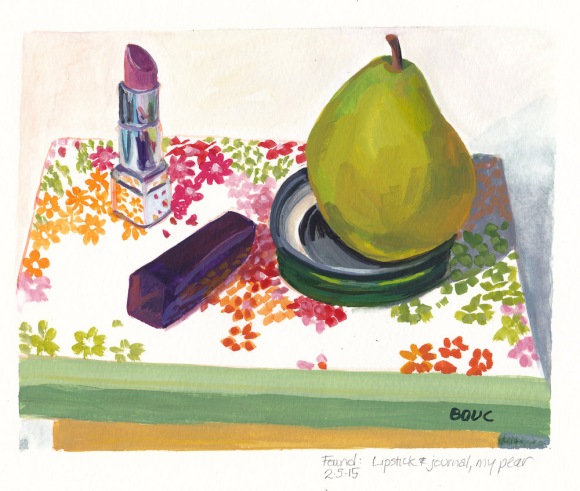 Found Lipstick, Journal and Pear, gouache, 8x6.5"