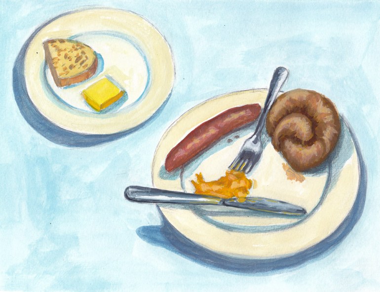 Susan's Dinner at Gaumenkitzel, graphite and gouache, 7x9.25"