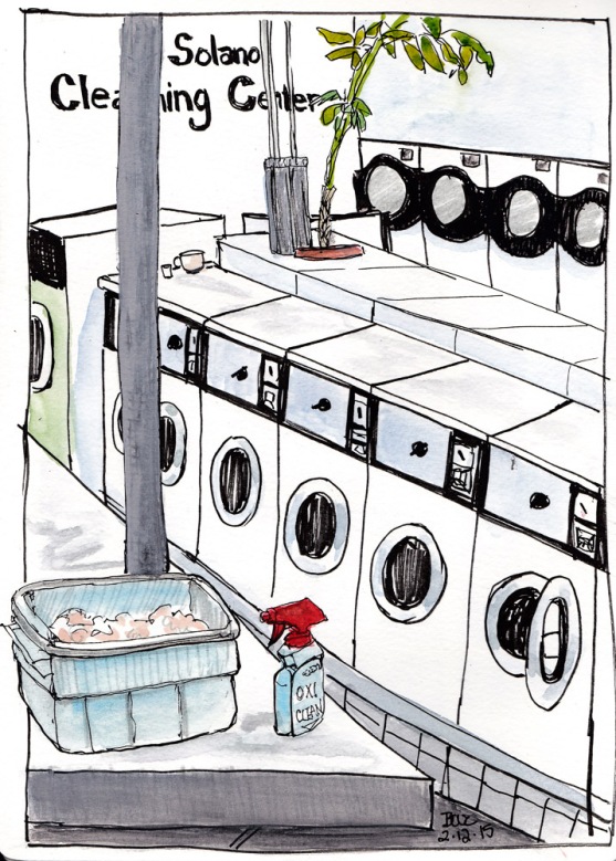 Solano Laundromat, ink and watercolor 10x8 in